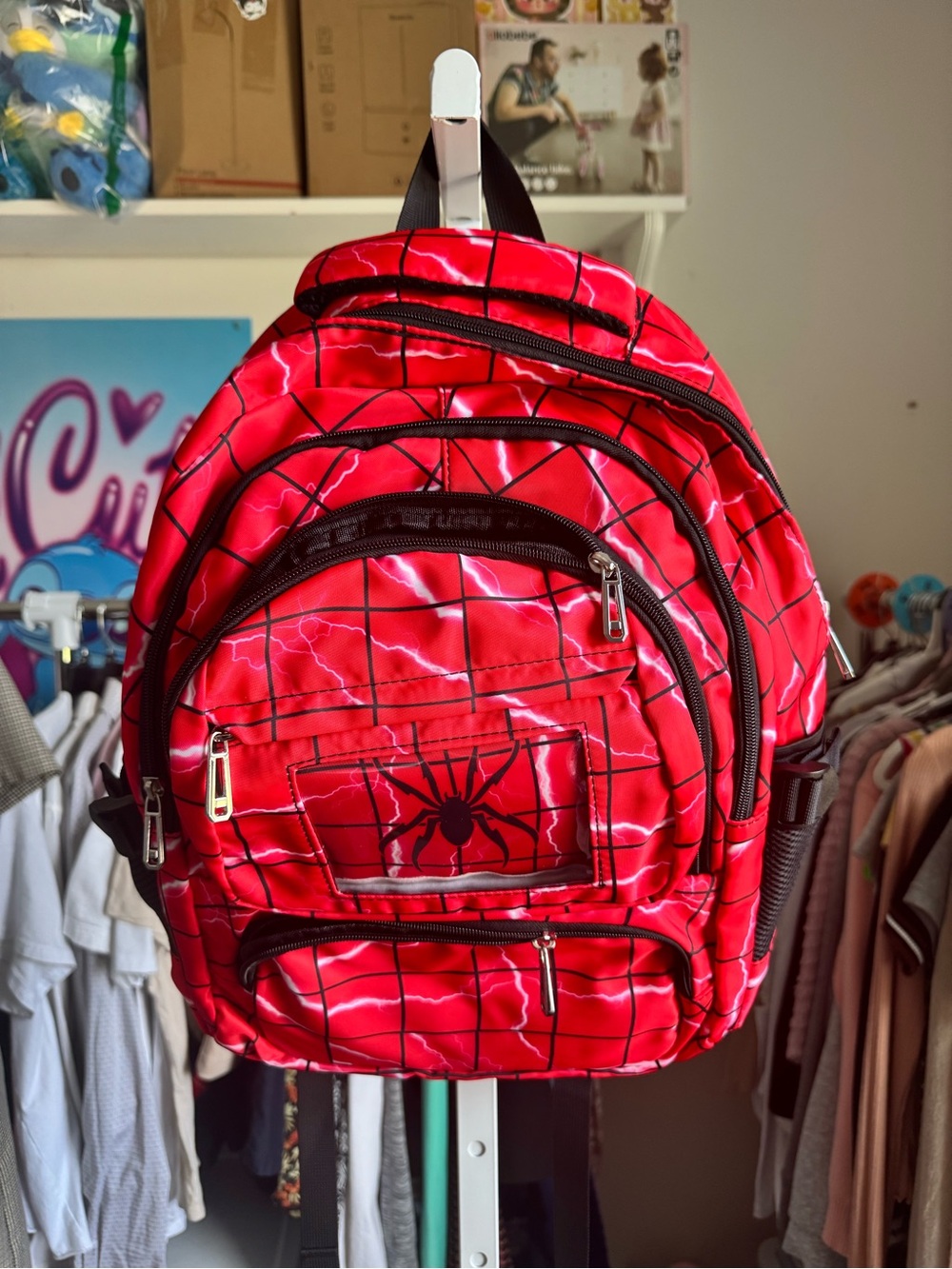 Back to school New Red Lightning Spider Grid Backpack